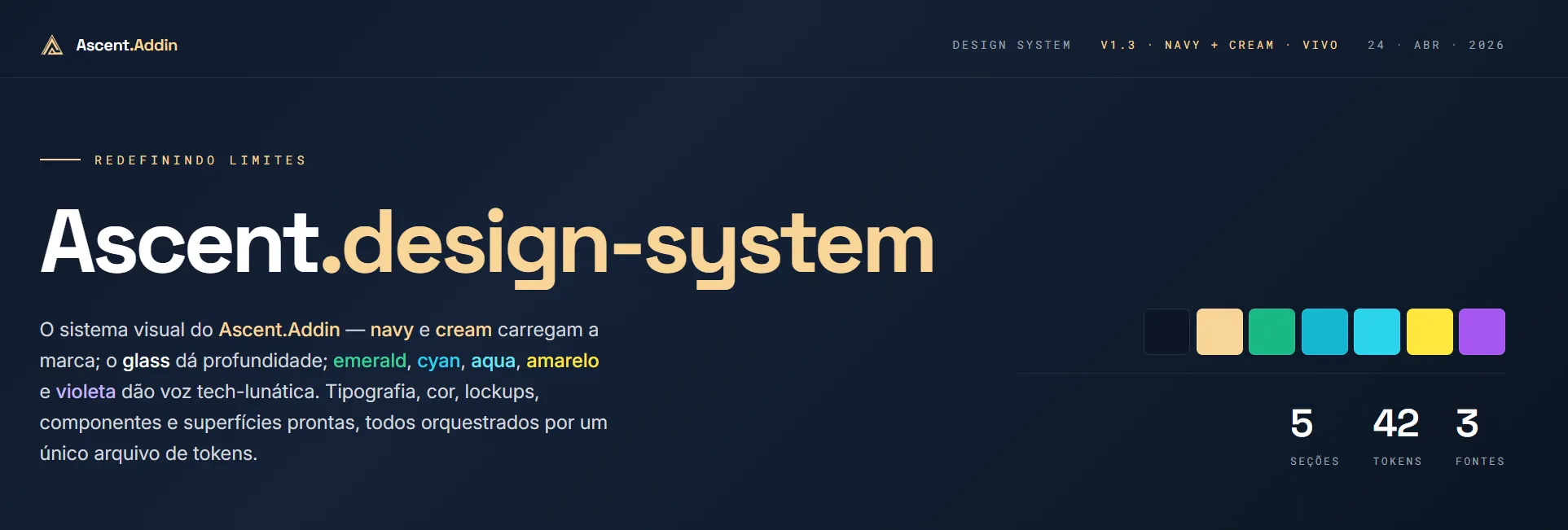 Página inicial do Ascent.design-system mostrando a paleta navy + cream, tokens de cor e contagens da v1.3.