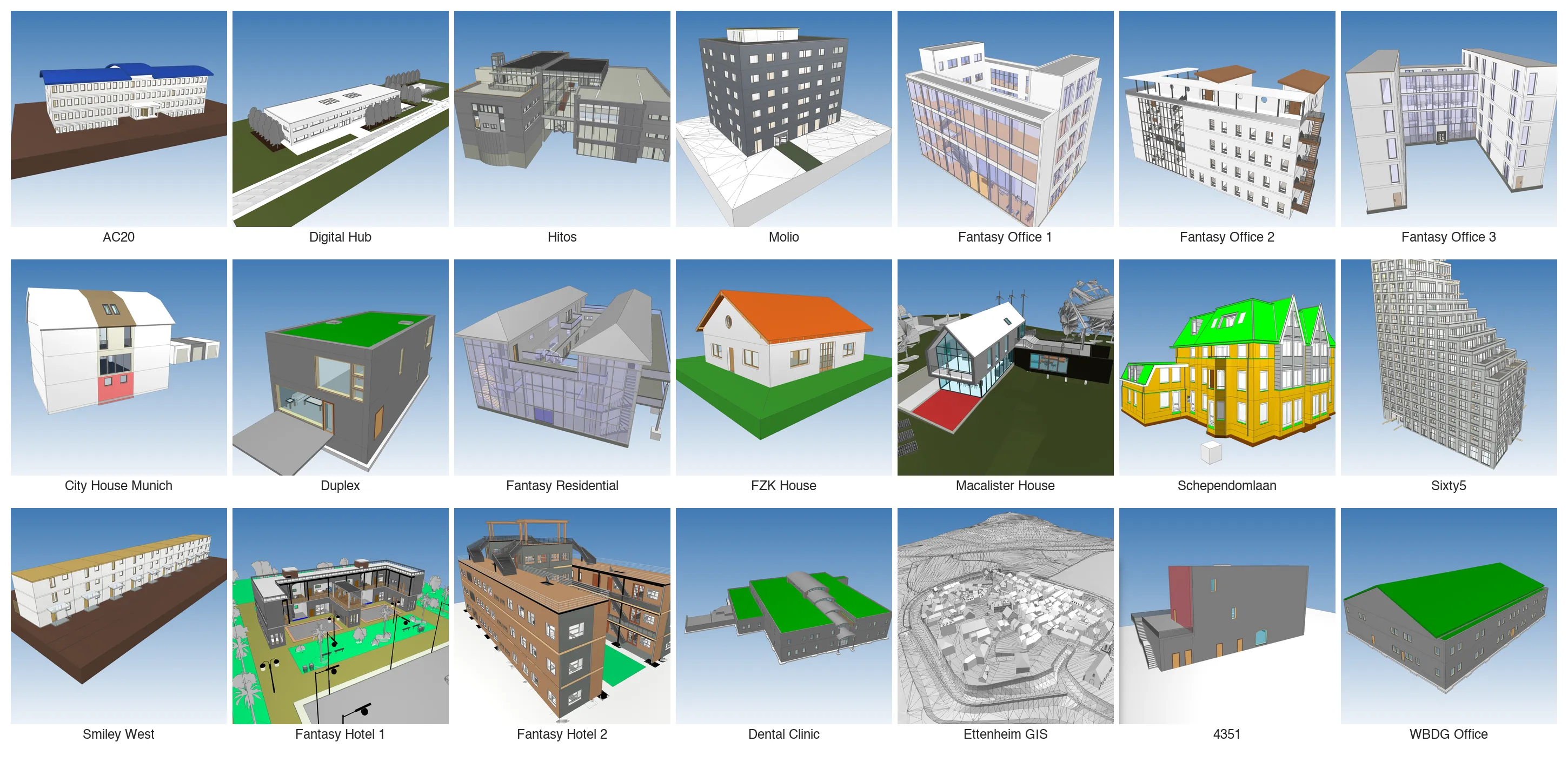 Vistas 3D representativas dos 21 projetos do corpus ifc-bench v2, mostrando diversidade de tipologia, escala e complexidade geométrica